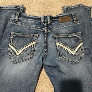 Buckle Blue Denim Jeans with Stitch Detail